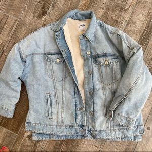 Zara oversized denim sherpa lined jacket